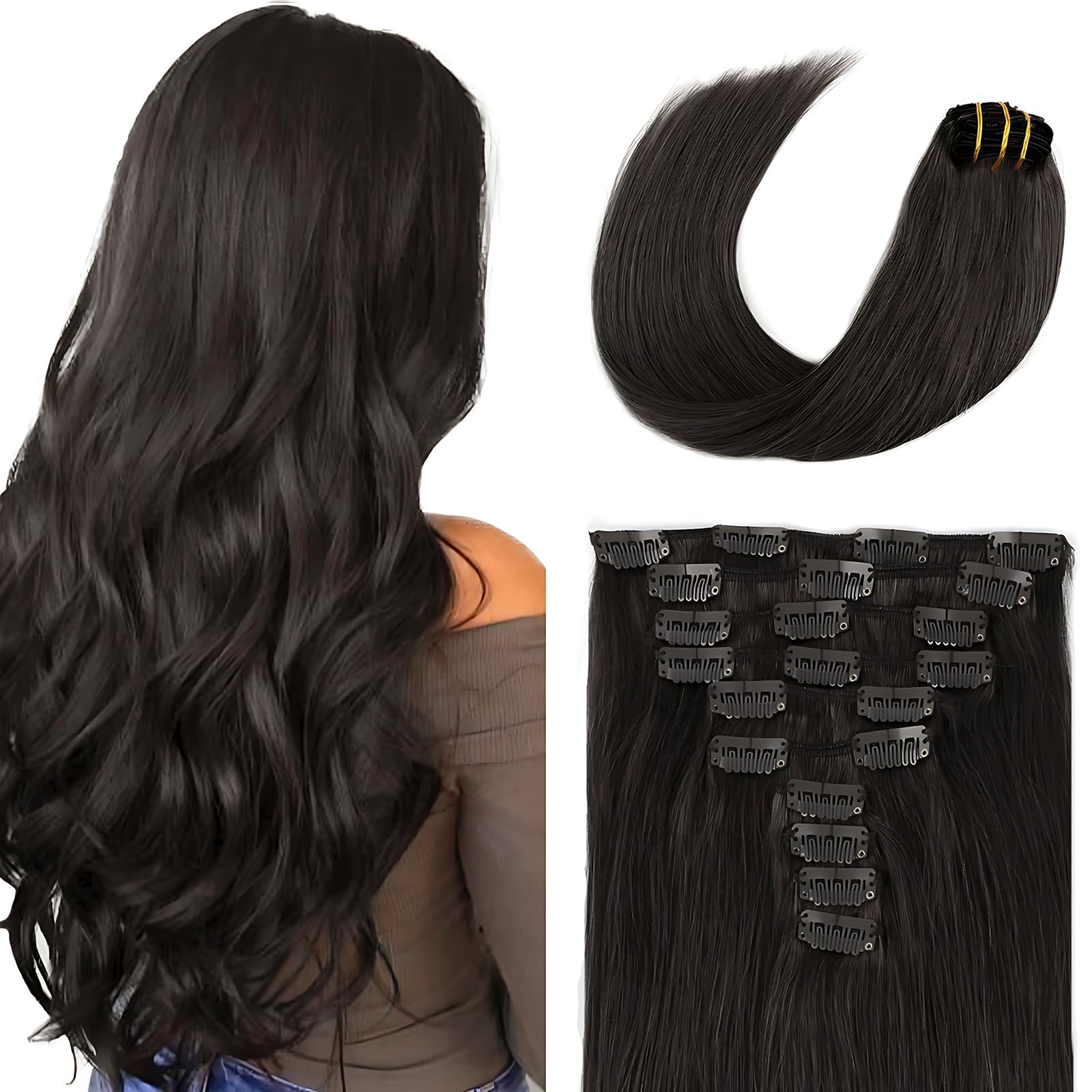 SixStarHair 22 Inch Black Clip In Hair Extensions - 240g Full Head Thick Natural Human Hair Wefts with 21 Clips (10 Pieces) - Easy to Install for Volume & Length - Perfect for Parties, Weddings & Daily Styling