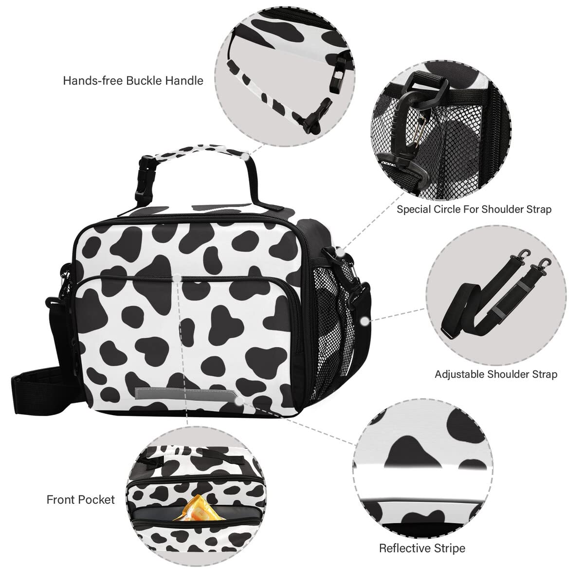 Exnundod Cow Print Reusable Insulated Lunch Bag - Black and White Animal Pattern Lunch Box with Adjustable Strap, Leakproof & Eco-Friendly for Office, School, Picnic, Beach, Camping & Outdoor Activities