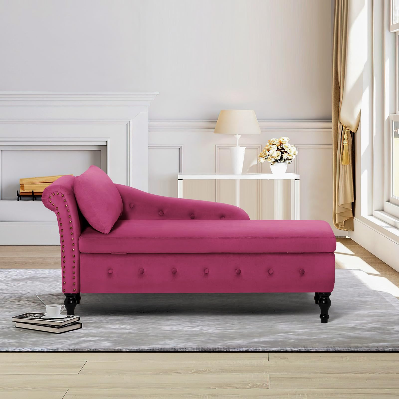 Velvet Upholstered Chaise Lounge with Left Armrest & Lumbar Pillow, Button Tufted Storage Sofa - Modern Lounge Chair for Bedroom, Living Room & Office - Perfect for Relaxing, Reading & Napping (Fuchsia)