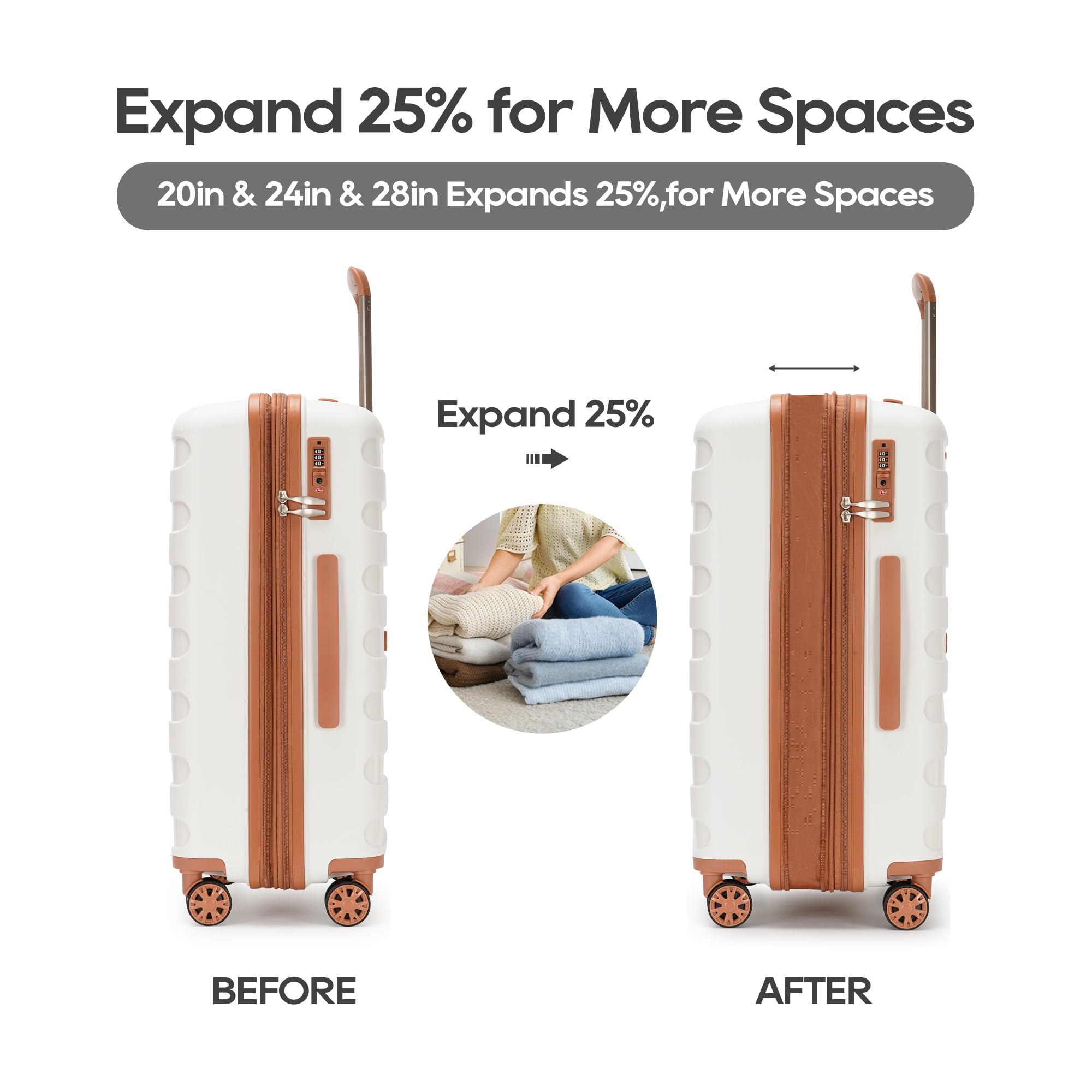 Expandable 3-Piece PP Luggage Set with Spinner Wheels & TSA Lock - 20/24/28 Inch Large Suitcases for Family Travel (White & Brown) - Perfect for Air Travel, Business Trips & Vacation Packing