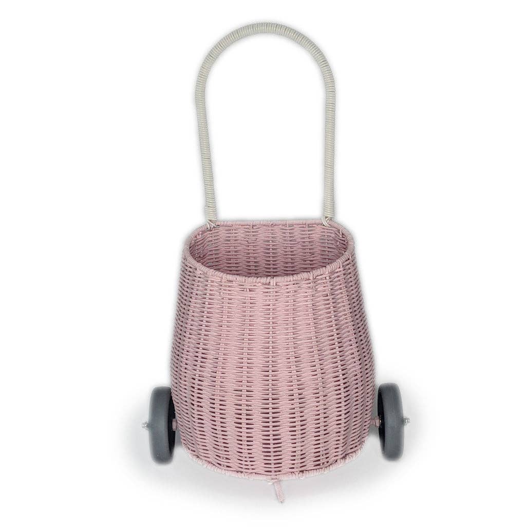 Rattan Storage Basket on Wheels for Kids - Light Pink Toy Organizer | Perfect for Playroom, Bedroom & Nursery Organization