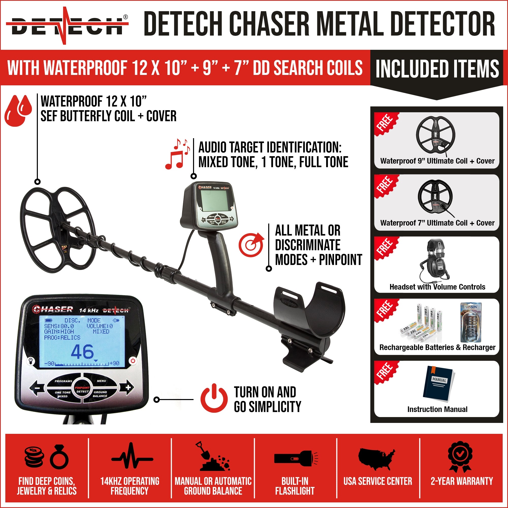 Detech Chaser Metal Detector with 12 x 10 SEF Butterfly Coil & 9 Ultimate Coil + 7 Ultimate Search Coils - Professional Gold & Treasure Hunting Kit for Beach, Field & Relic Hunting (Bonus Pack Included)