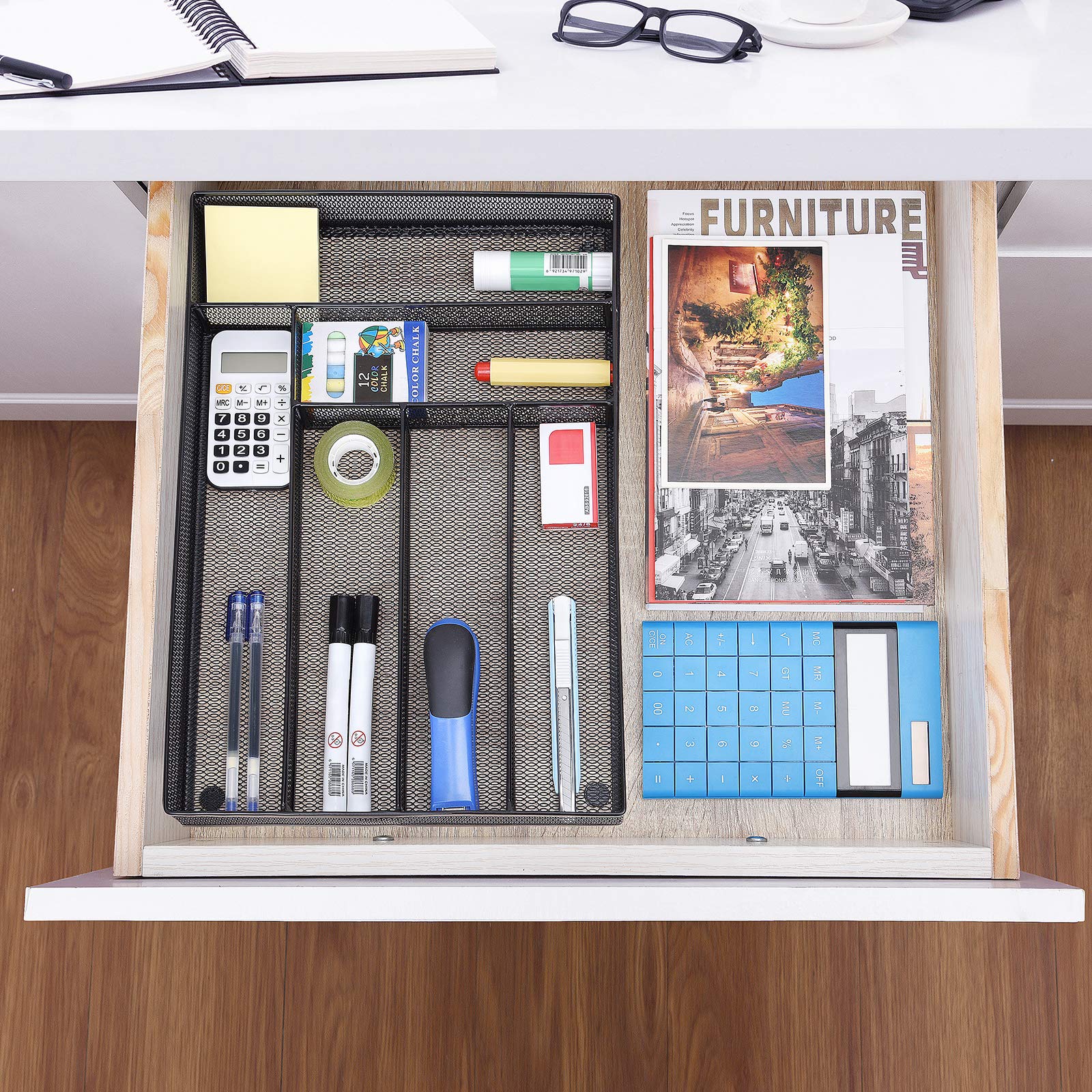 6-Compartment Mesh Desk Drawer Organizer - Black Office Supplies Tray for Stationery, Makeup & Small Items | Perfect for Home, Office & School Organization