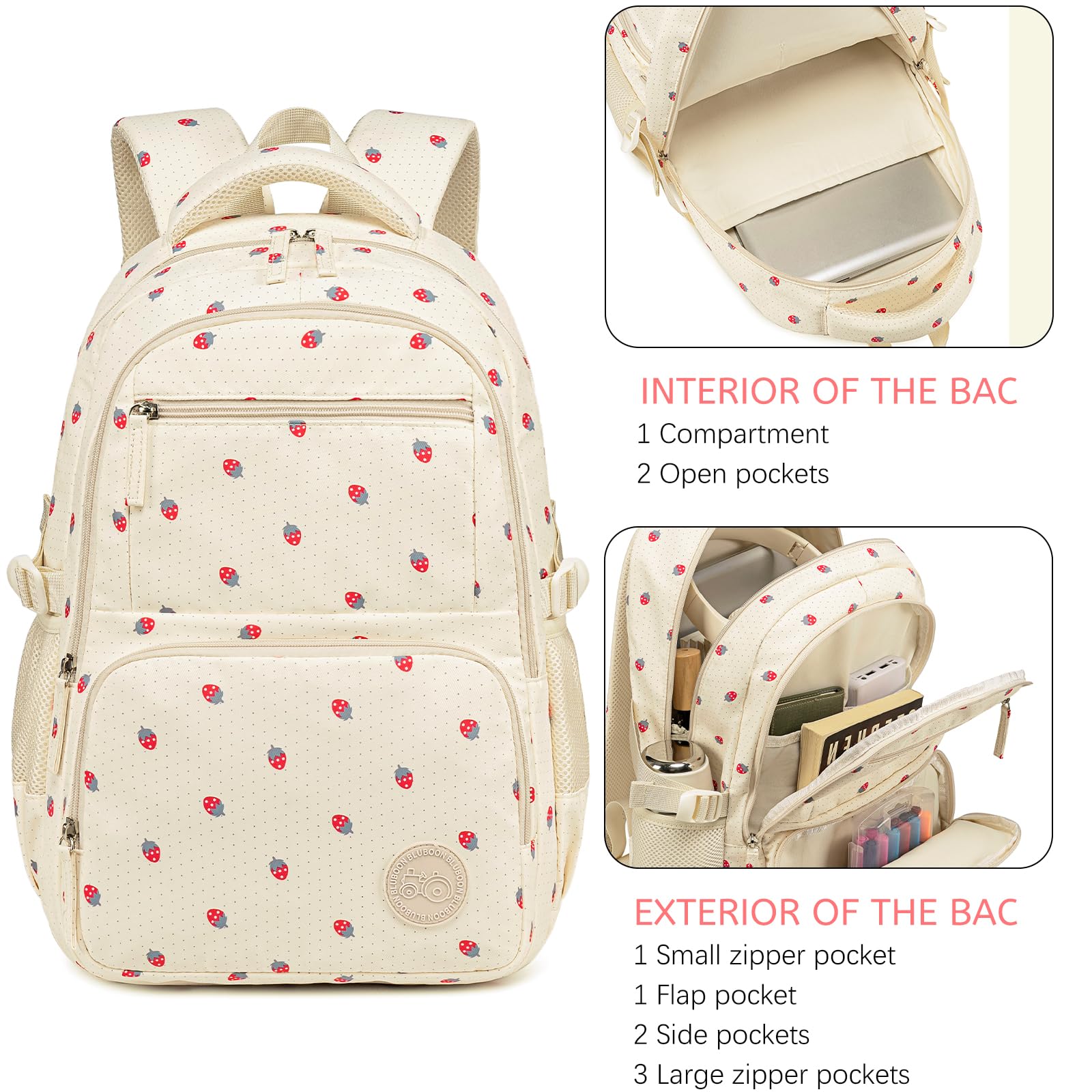 Bluboon Cute Strawberry Beige Backpack for Girls Ages 8-12 - Durable School Bookbag with Padded Straps for Comfort - Perfect for School, Travel & Daily Use