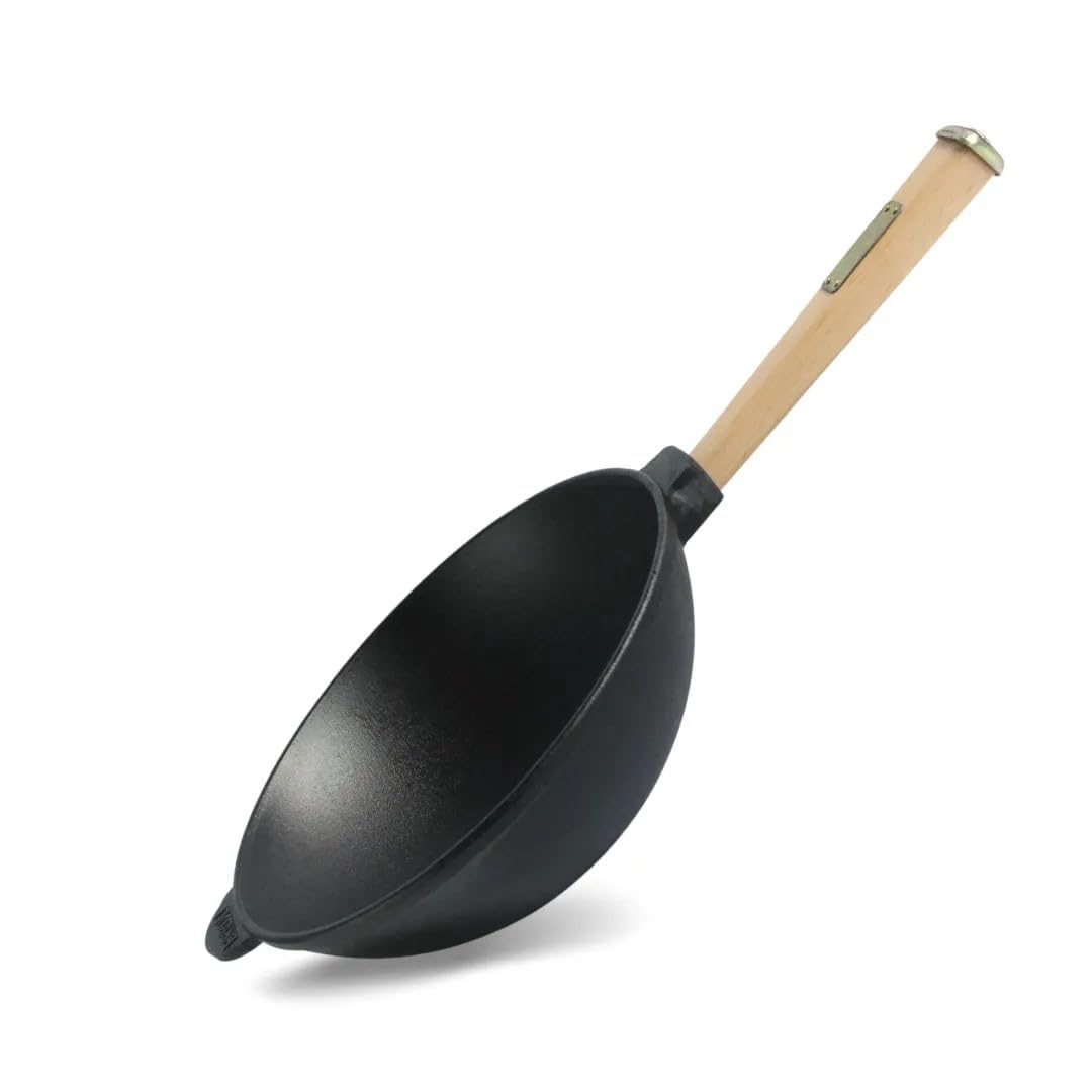 4BIG.fun 26cm Cast Iron Wok Pan with Wooden Handle - 2.8L Capacity - Outdoor & Camping Cooking - Perfect for Stir Fry, Sautéing, and Open Flame Cooking