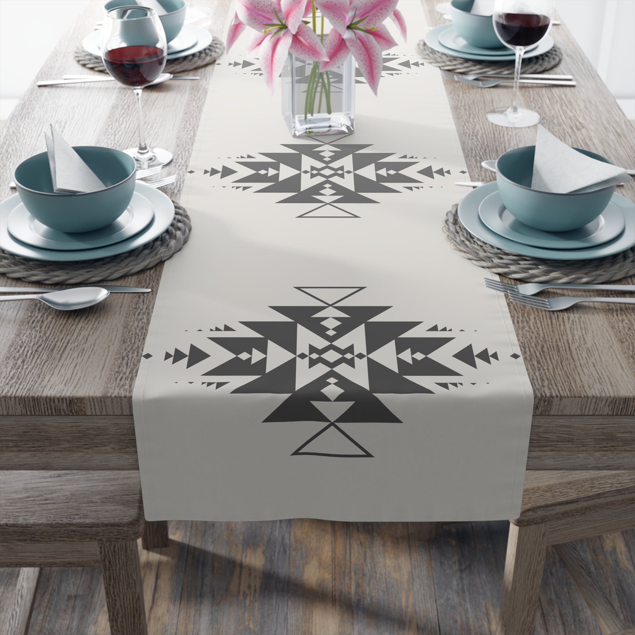 Southwestern Table Runner - Beige & Dark Gray Striped Cotton Table Decor for Dining Room, Kitchen, or Wedding - 12x72 & 16x90 Inches