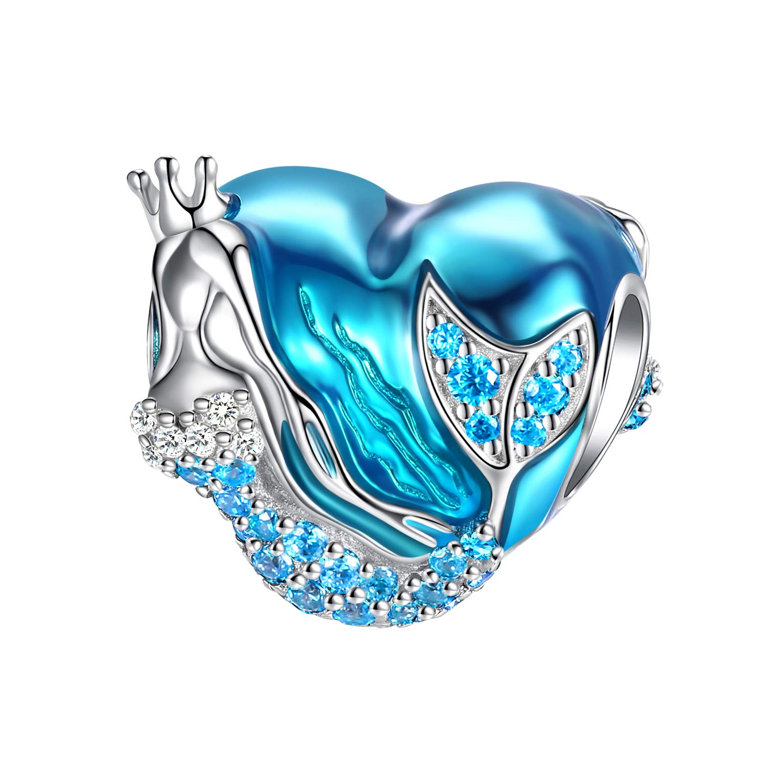 Forever Queen Mermaid Charms for Bracelets - 925 Sterling Silver CZ Heart Blue Enamel Bead - Ocean Sea Charm for Snake Chain Bracelets & Necklaces - Perfect Women's Gift for Beach, Birthday & Anniversary
