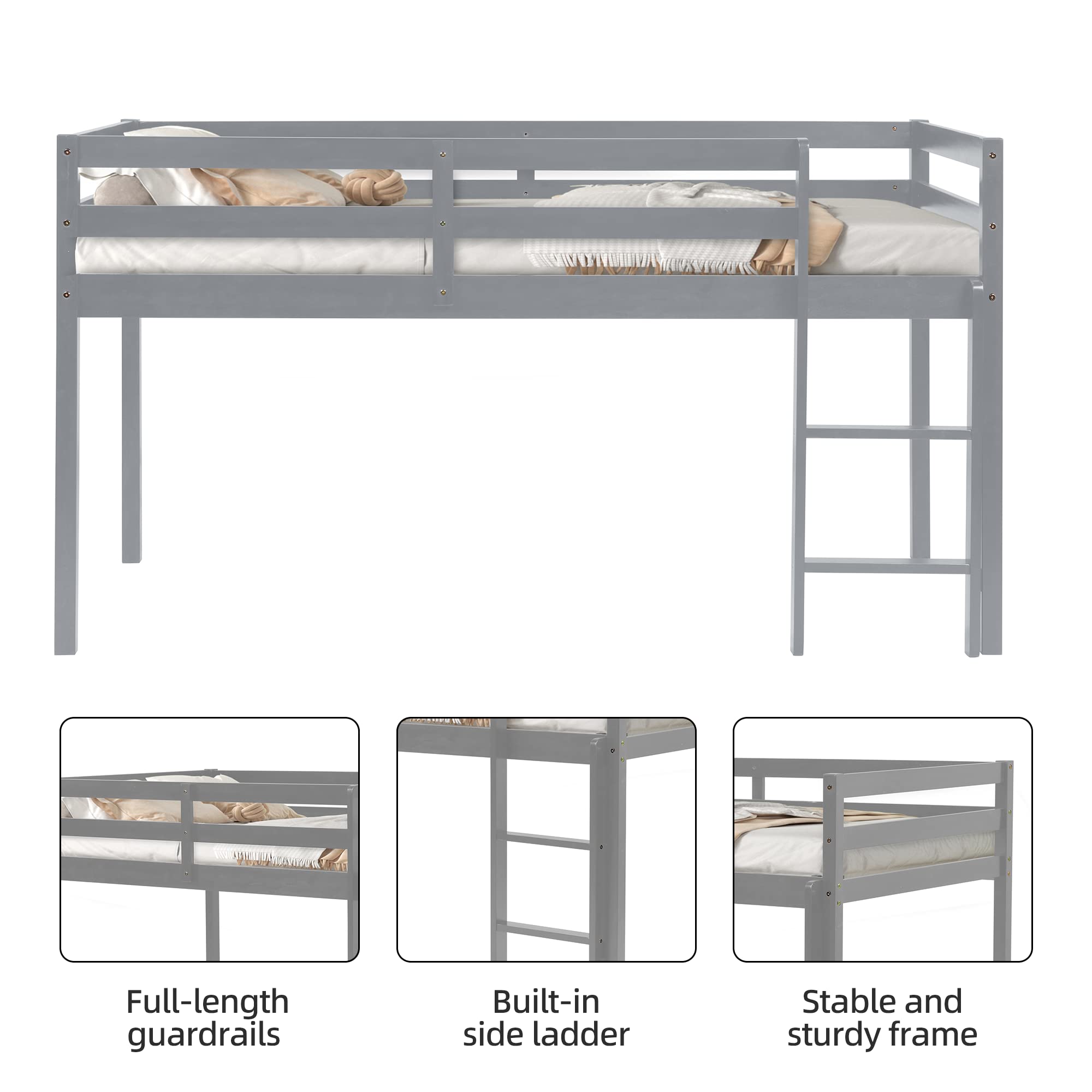 **Solid Wood Twin Loft Bed for Kids with Ladder & Guard Rail - Sturdy Low Bunk Bed Frame for Boys & Girls - No Box Spring Needed - Easy Assembly (Grey) - Perfect for Small Bedrooms, Dorms & Kids' Rooms**