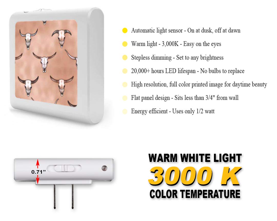 Dimmable LED Night Light with Auto On/Off Sensor - Adjustable Brightness Warm White Plug-in Nightlight for Bathroom, Hallway, Nursery, Bedroom - Longhorns - Perfect for Safe Nighttime Navigation & Baby Care