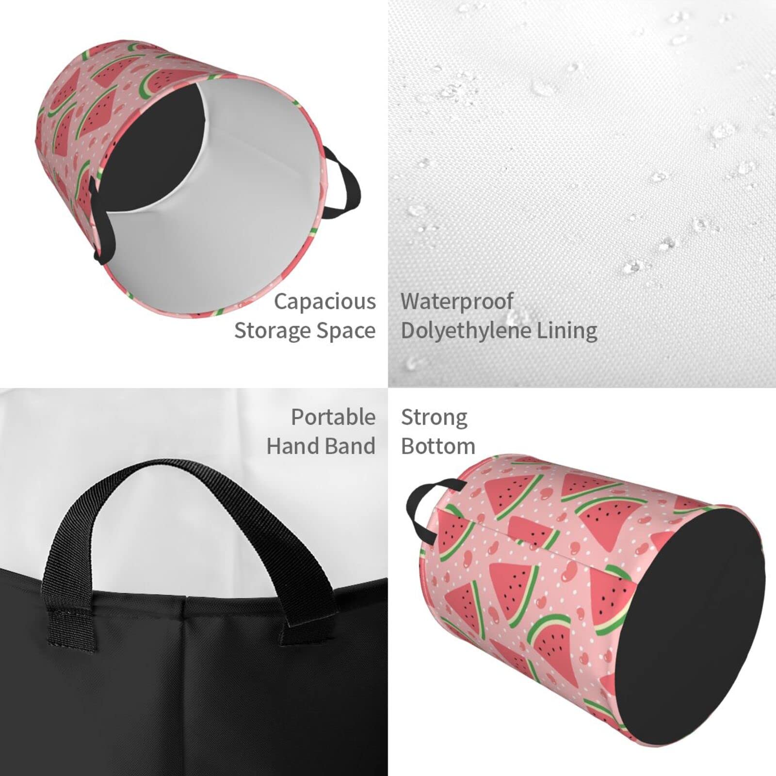 Watermelon Pink Polka Dot Collapsible Laundry Basket with Handle - Waterproof Fabric Hamper for Dirty Clothes, Toys & Bathroom Storage - Space-Saving Large Laundry Organizer Bin for Home, Dorm & Travel