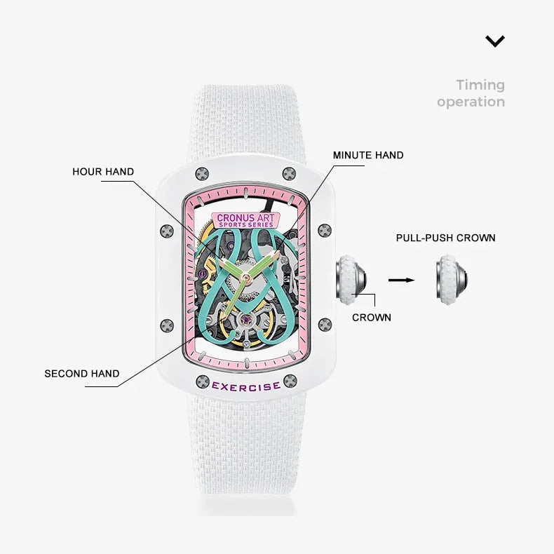 CRONUSART Women's Automatic Mechanical Watch - 29mm x 41mm Tonneau Case, Luminous Hollow Dial, Fluororubber Strap - Elegant Ladies Wristwatch for Business, Party & Daily Wear
