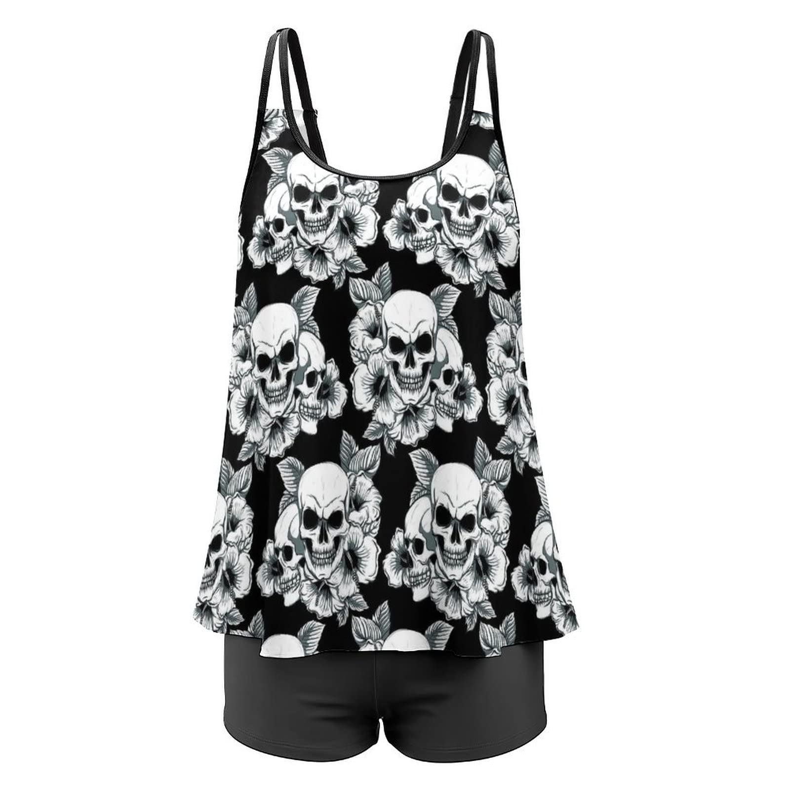 Women's Modest Tankini Swimsuits Two Piece Set - Loose Fit Bathing Suits with Tummy Control, Floral Sugar Skull Print Black & White | Beachwear, Pool Party, Vacation Swimwear