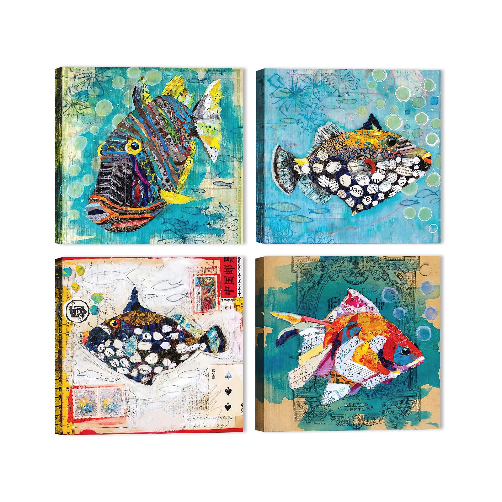 Ocean Themed Bathroom Wall Art Set - 4 Pcs Colorful Sea Fish Decor for Kids & Adults - Perfect for Coastal, Nautical, or Beach Style Bathrooms