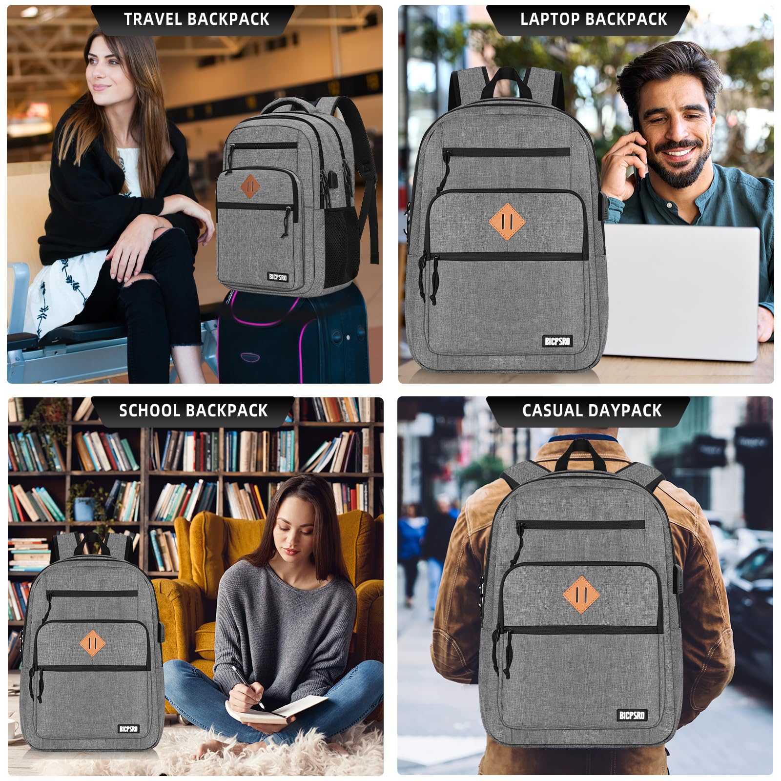 Durable 15.6 Inch Laptop Backpack for Men & Women - USB Charging Port, Water-Resistant School Bookbag for College, High School, Work & Travel - Perfect Business Computer Backpack (Grey) | Ideal for Daily Commute, Office & Study Essentials
