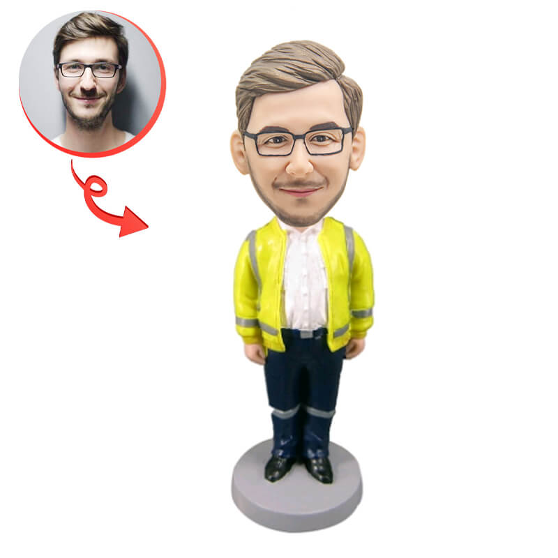 Custom Fluorescent Safety Jacket Worker Bobblehead - Personalized Figurine for Construction, Road Work & Safety Awareness Gifts