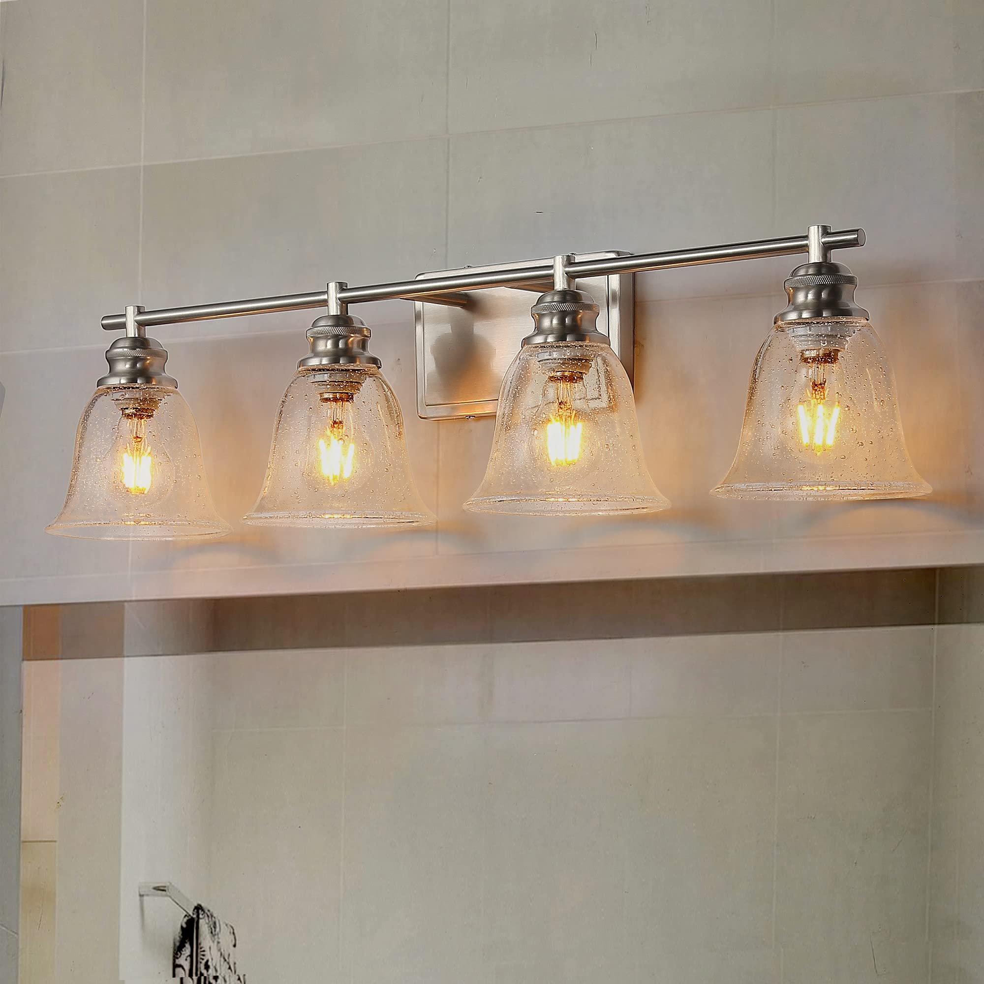 YKLITG Brushed Nickel Bathroom Vanity Light Fixtures - 4-Light Modern Vanity Lighting with Seeded Glass Shades for Bathroom Mirror, Perfect for Bathroom Renovation & Home Decor (BD008-4-BN)
