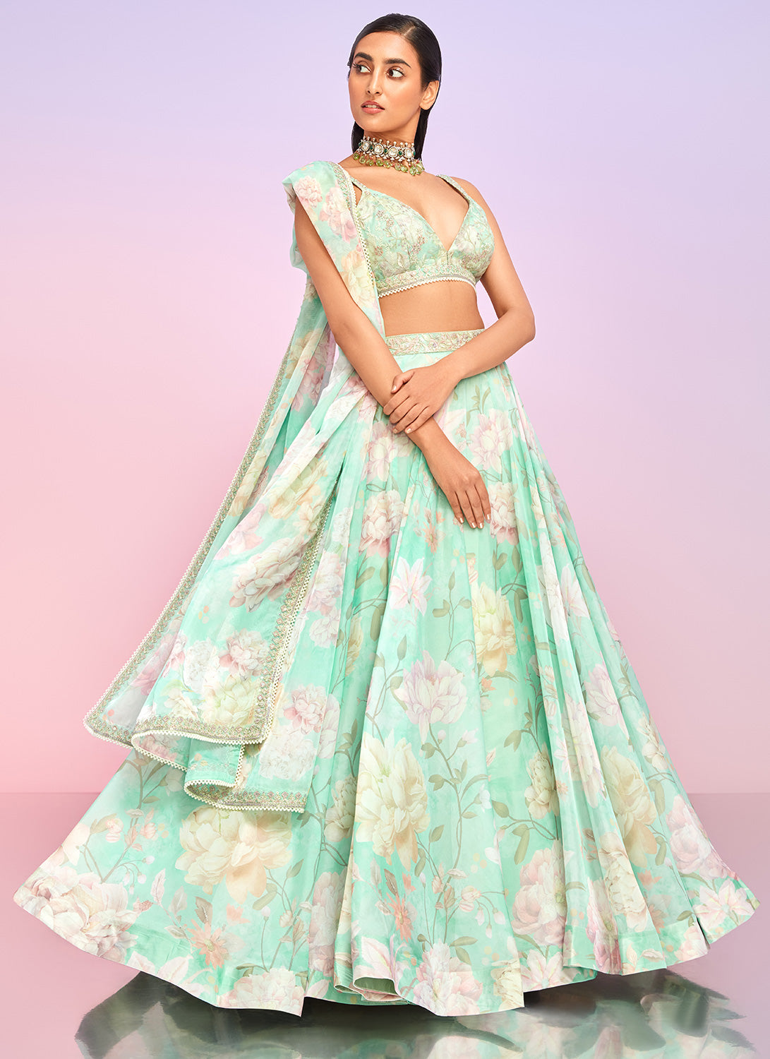Elegant Mint Green Floral Embroidered Lehenga Choli Set for Women - Perfect for Weddings, Festivals & Special Occasions