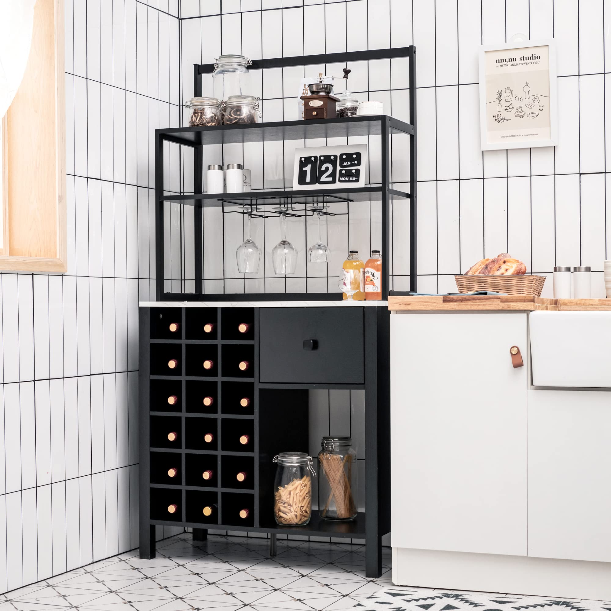 LOKO Bar Cabinet - Wine Storage Cabinet with Detachable Glass Holder & Racks, Kitchen Bakers Rack with Wine Rack, 31