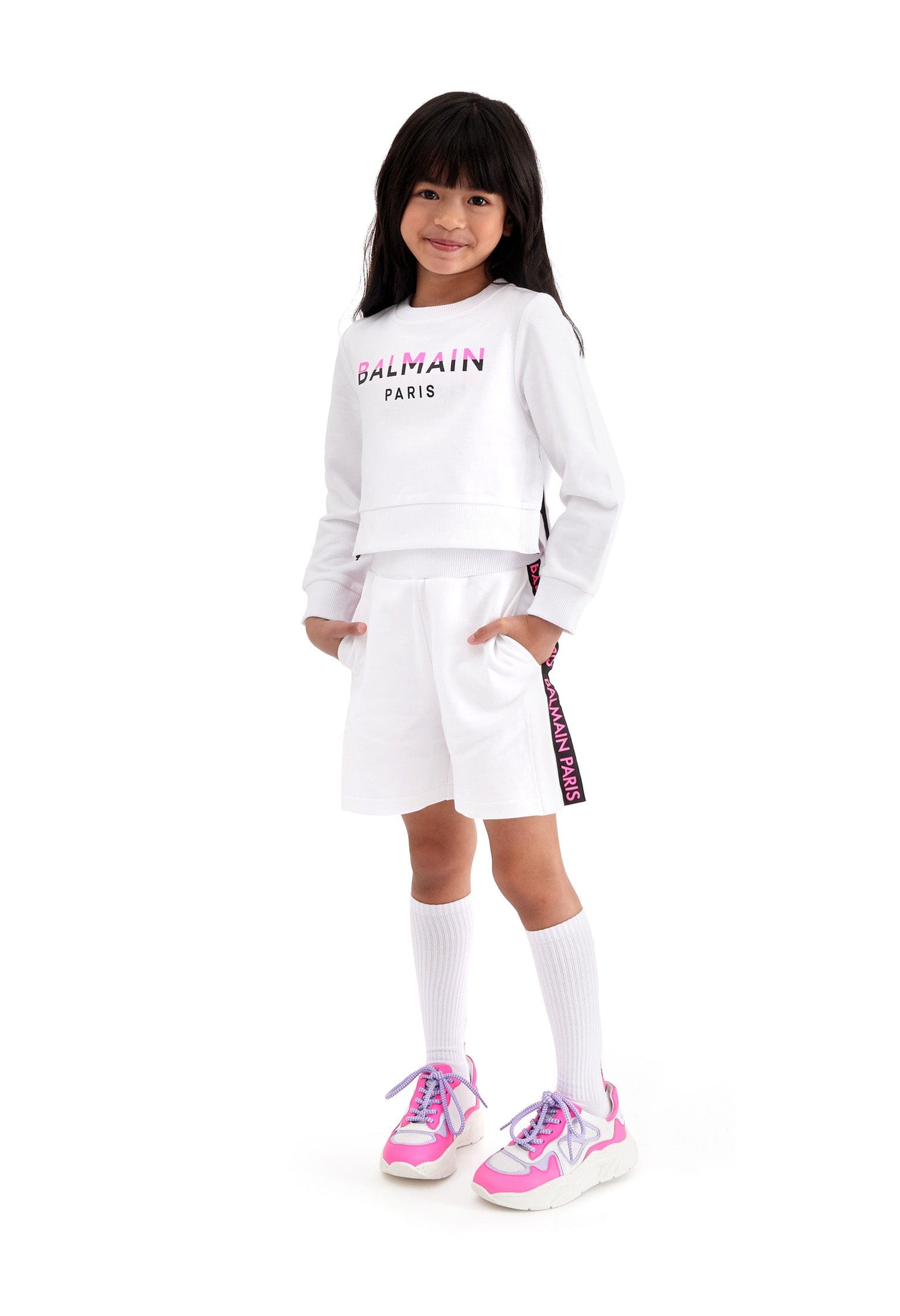 Balmain Girls Logo Jersey Shorts - White Cotton Casual Shorts for Summer, Playdates & Outfits