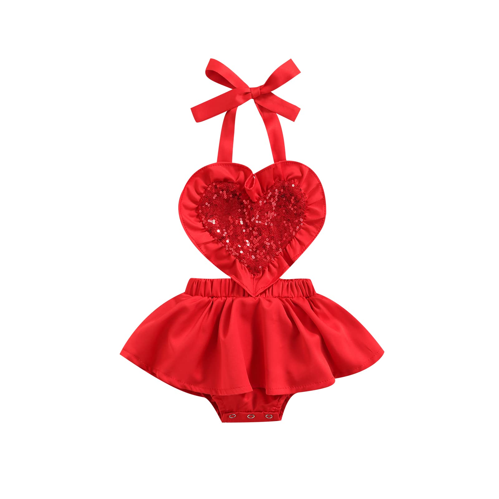 Valentine's Day Baby Girl Romper Outfit - Heart Sequins Tutu Dress Halter Jumpsuit Bodysuit for Newborn Infant | Summer Clothes for Photoshoot, Party & Special Occasions