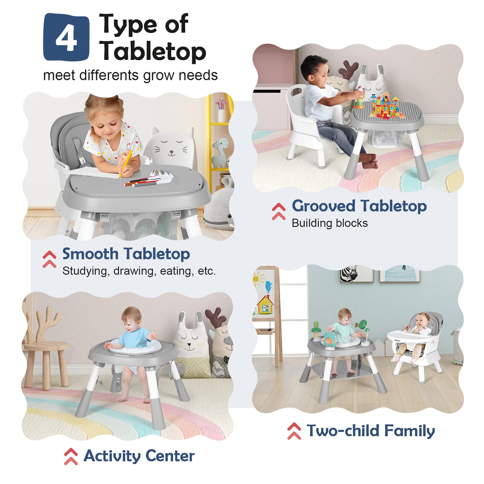 Cowiewie 16-in-1 Convertible Baby High Chair - Adjustable Toddler Chair with Safety Harness, Removable Tray & Building Block Table | Portable Highchair for Infants to Kids (Grey) | Perfect for Dining, Playtime & Learning Activities at Home or Travel