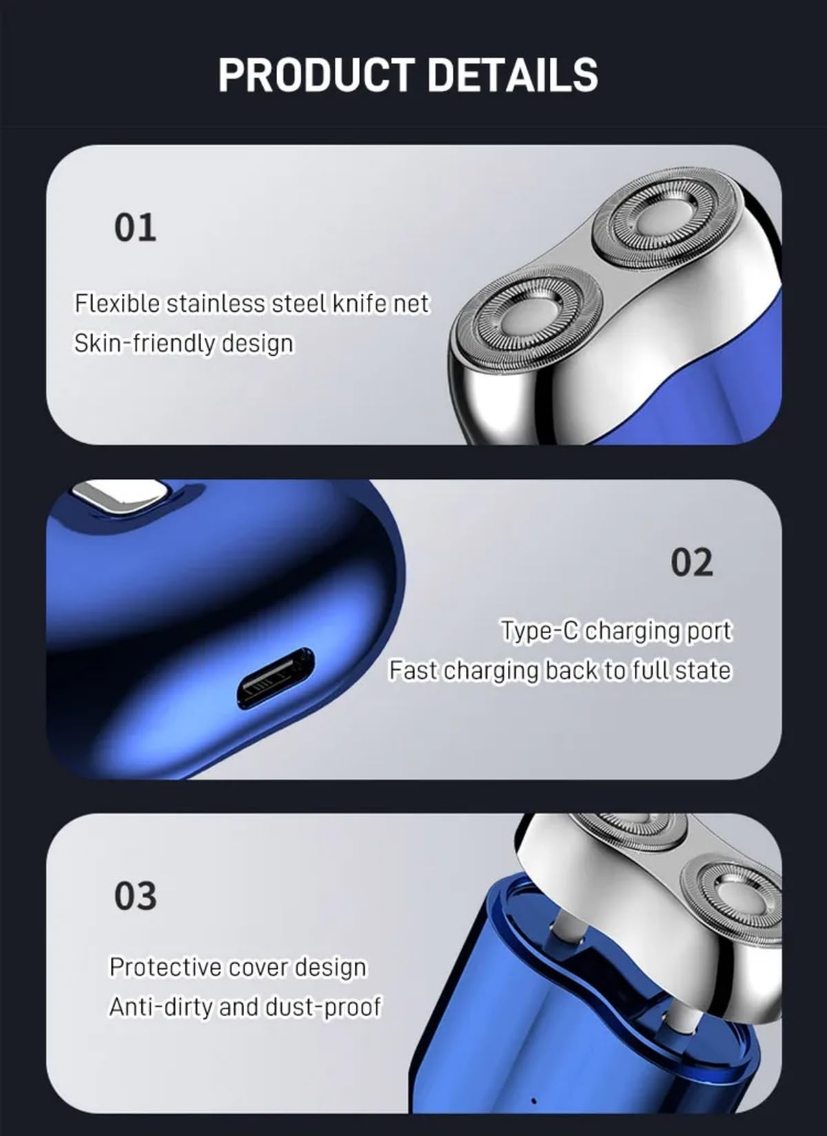 Mini Dual-Head Electric Shaver for Women & Men - Portable USB Rechargeable Shaver with Double Ring Movable Net Blades - Smooth Shaving for Travel, Gym & Daily Use (Blue)