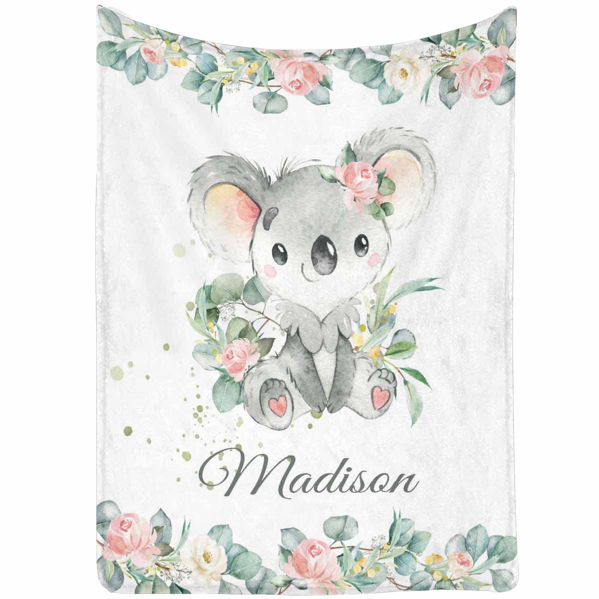 Personalized Watercolor Koala Floral Baby Blanket - Ultra Soft 30