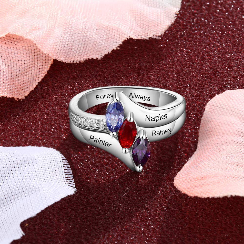 Custom Engraved Mother's Ring with 3 Simulated Birthstones - Personalized Family Promise Jewelry for Women - Name Engraved Gift for Mom, Wife, Daughter - Perfect for Mother's Day, Anniversary & Special Occasions