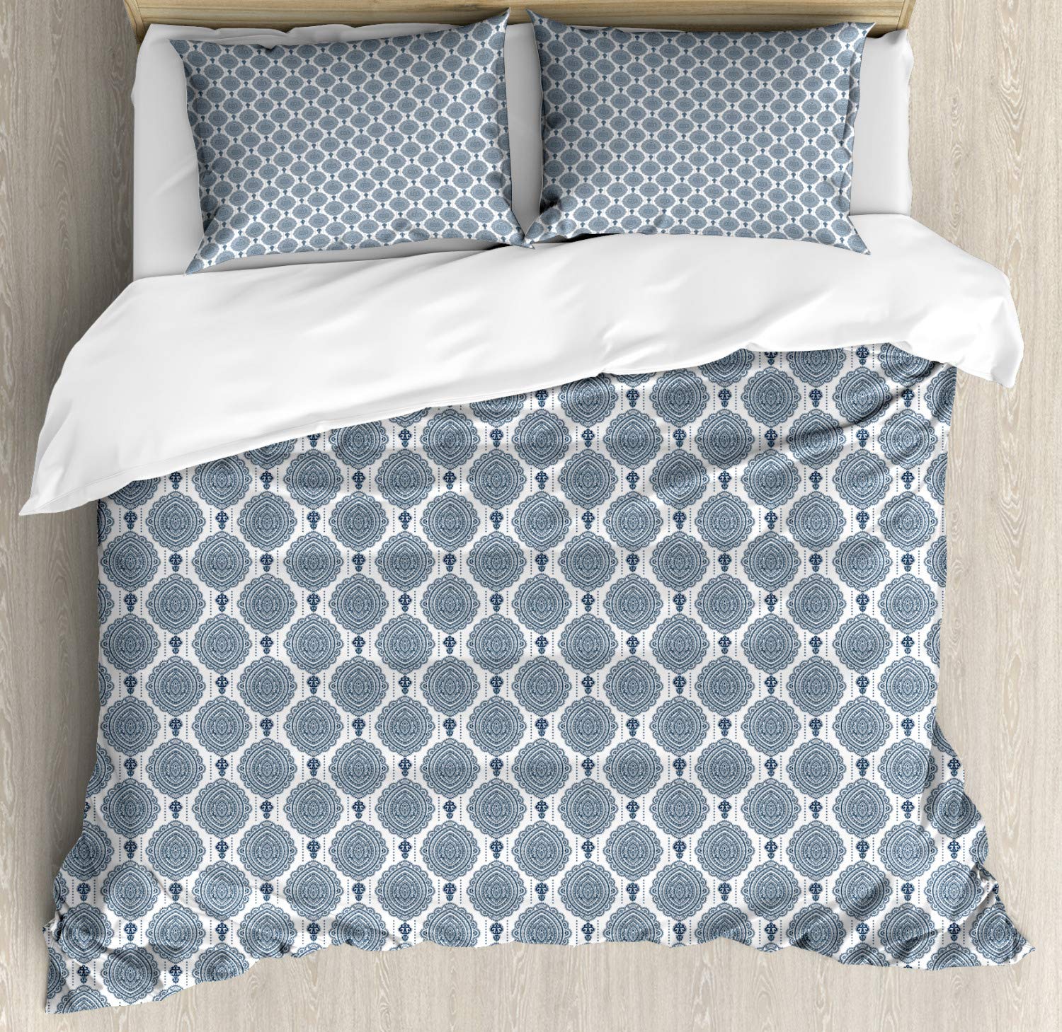 Ambesonne Damask Duvet Cover Set - Vintage Abstract Medallion Design in Dark Petrol Blue & White | 3-Piece King Size Bedding with 2 Pillow Shams | Luxury Bedroom Decor for Modern & Classic Interiors