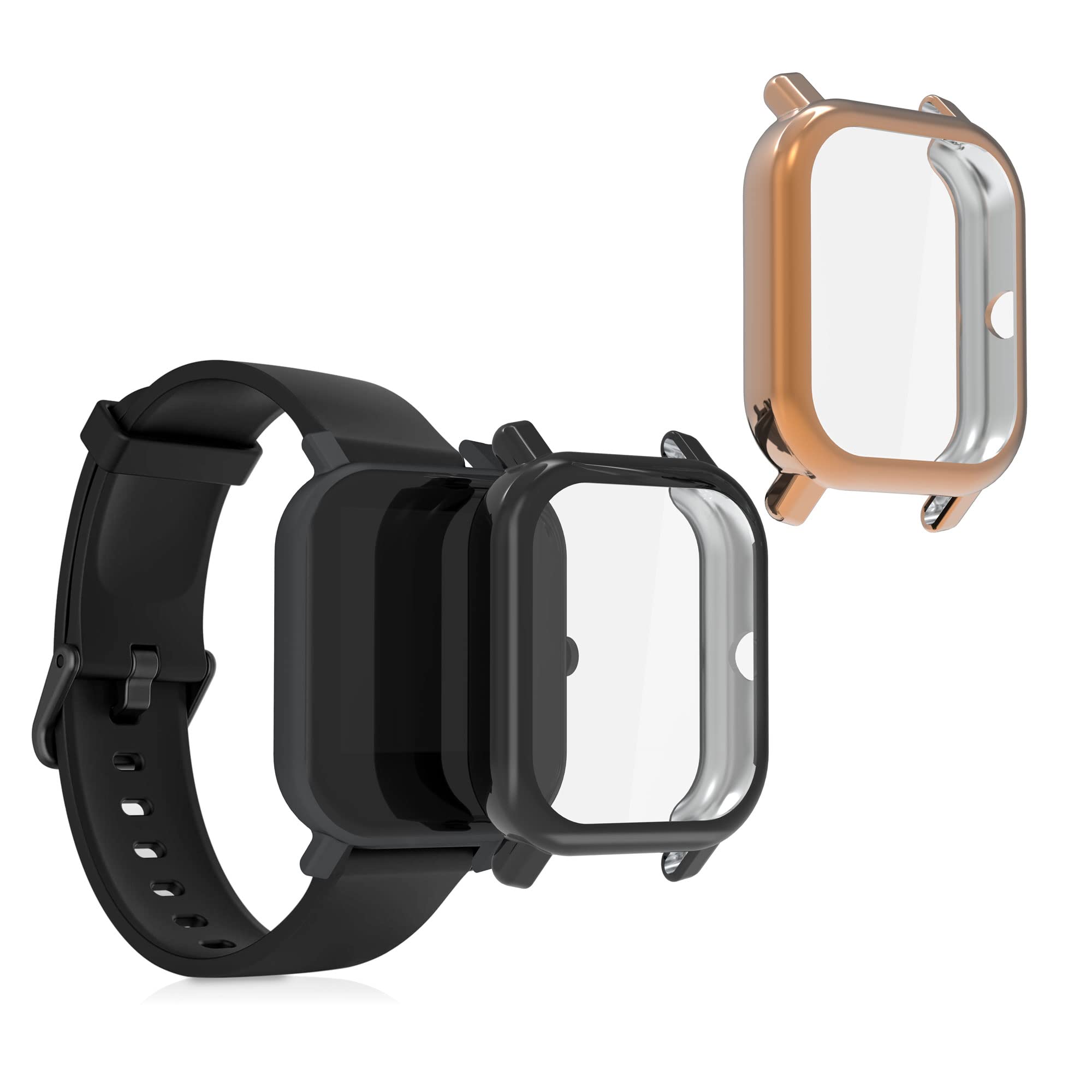 kwmobile 2-Pack Case for Huami Amazfit Bip/Bip Lite - Black/Rose Gold Smartwatch Cover for Fitness & Daily Use