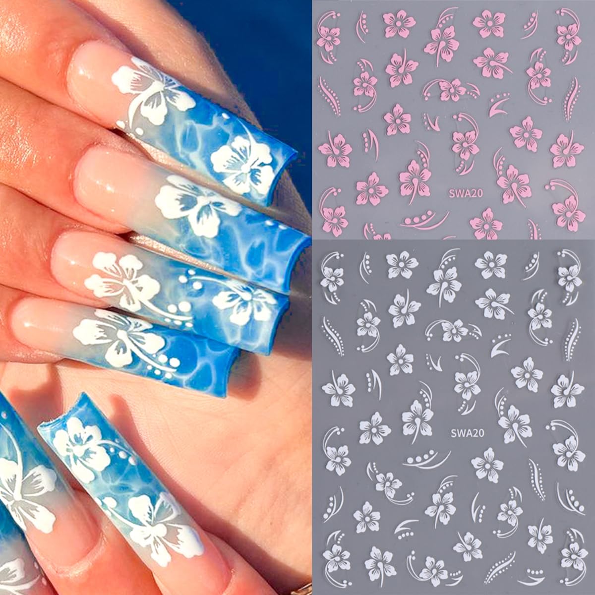 8 Sheets 3D Flower Nail Art Stickers - Self-Adhesive Pink White Gold Floral Nail Decals for DIY Manicure | Cute Nail Supplies for Women & Girls | Perfect for Parties, Weddings, and Everyday Nail Decorations