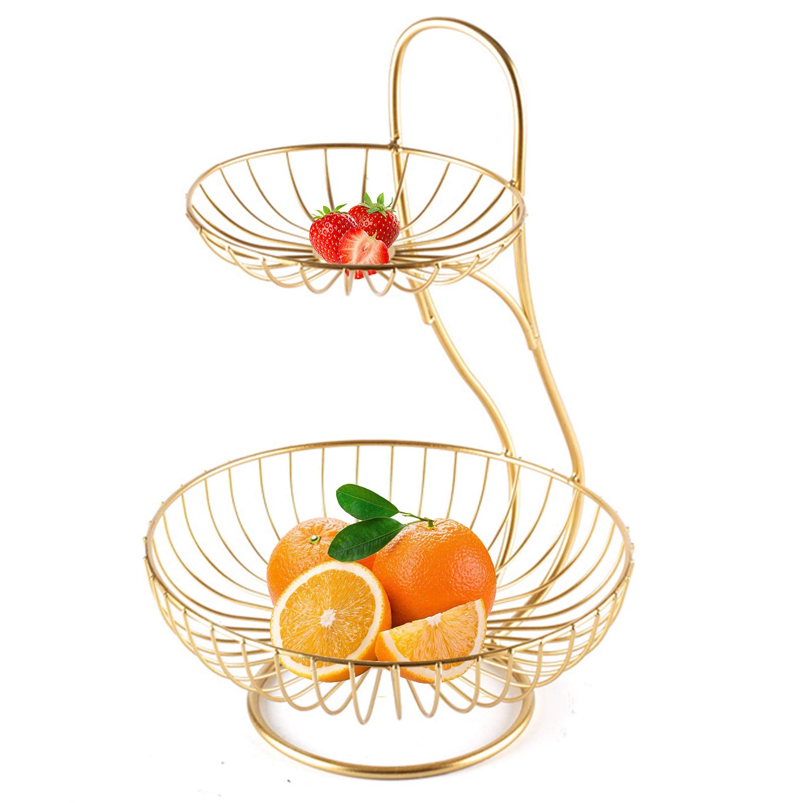 2 Tier Modern Fruit Basket for Kitchen Counter - Black/Gold - Stylish Storage for Fruits, Bread, Snacks & Vegetables - Perfect for Dining Table Display & Home Decor