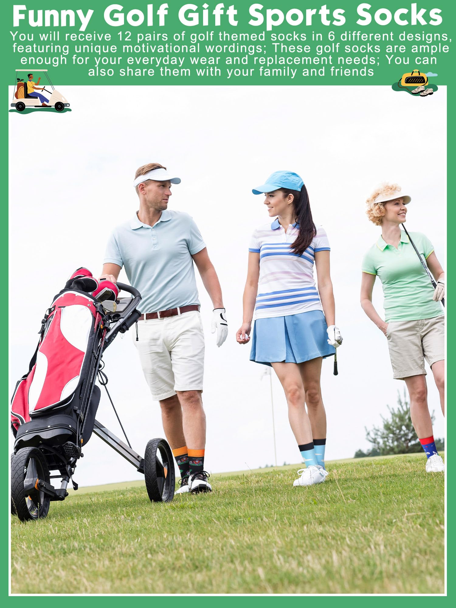 12 Pairs Funny Golf Socks for Men - Novelty Crew Socks with Golf Club Designs - Comfortable Cotton Socks Gift for Golfers & Team Players - Perfect for Golf Tournaments, Casual Wear & Sports Enthusiasts