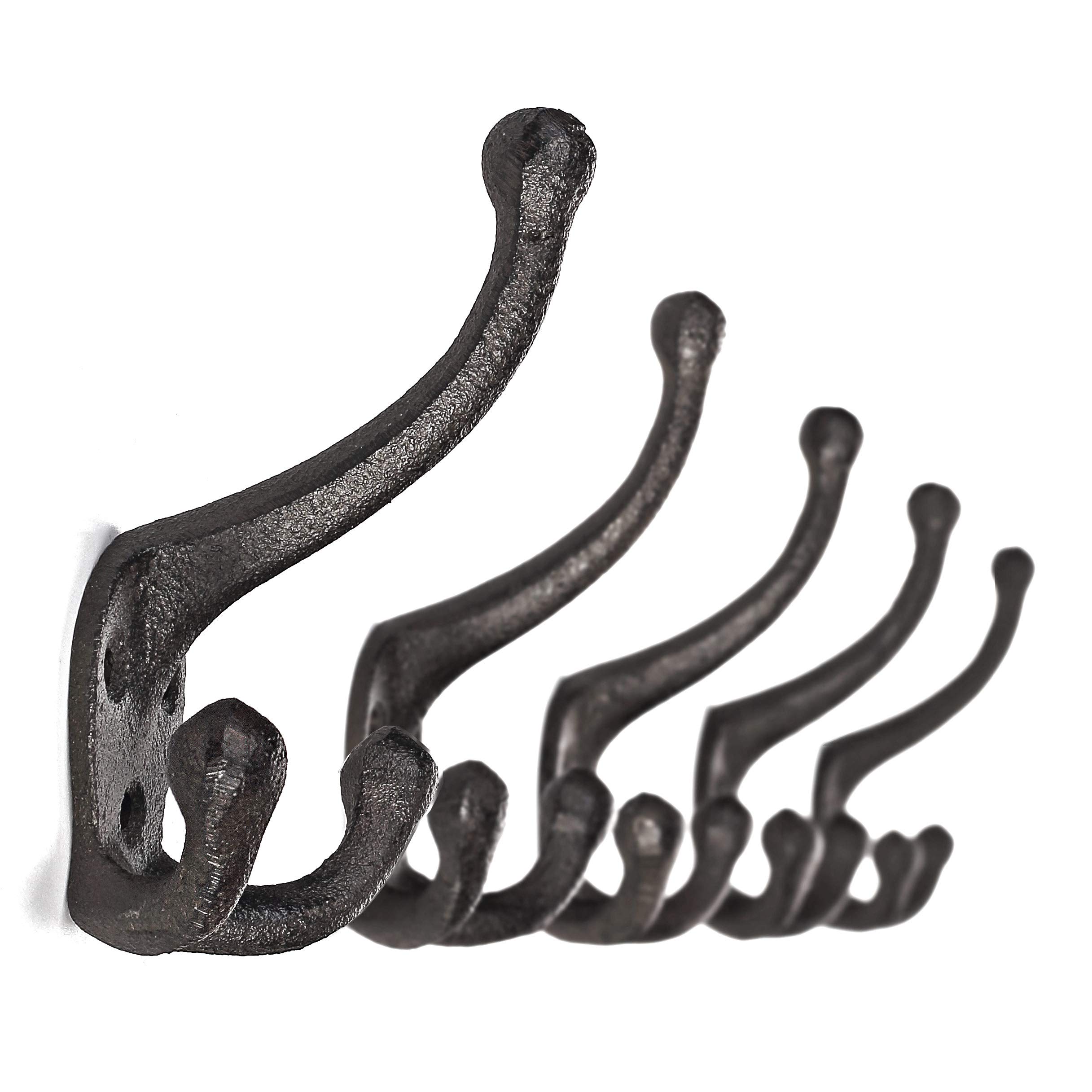 5-Pack Heavy Duty Cast Iron Wall Hooks - Antique Black Decorative Coat Hooks for Mudroom, Entryway & Closet Organization - Perfect for Hanging Coats, Hats, Bags & Accessories