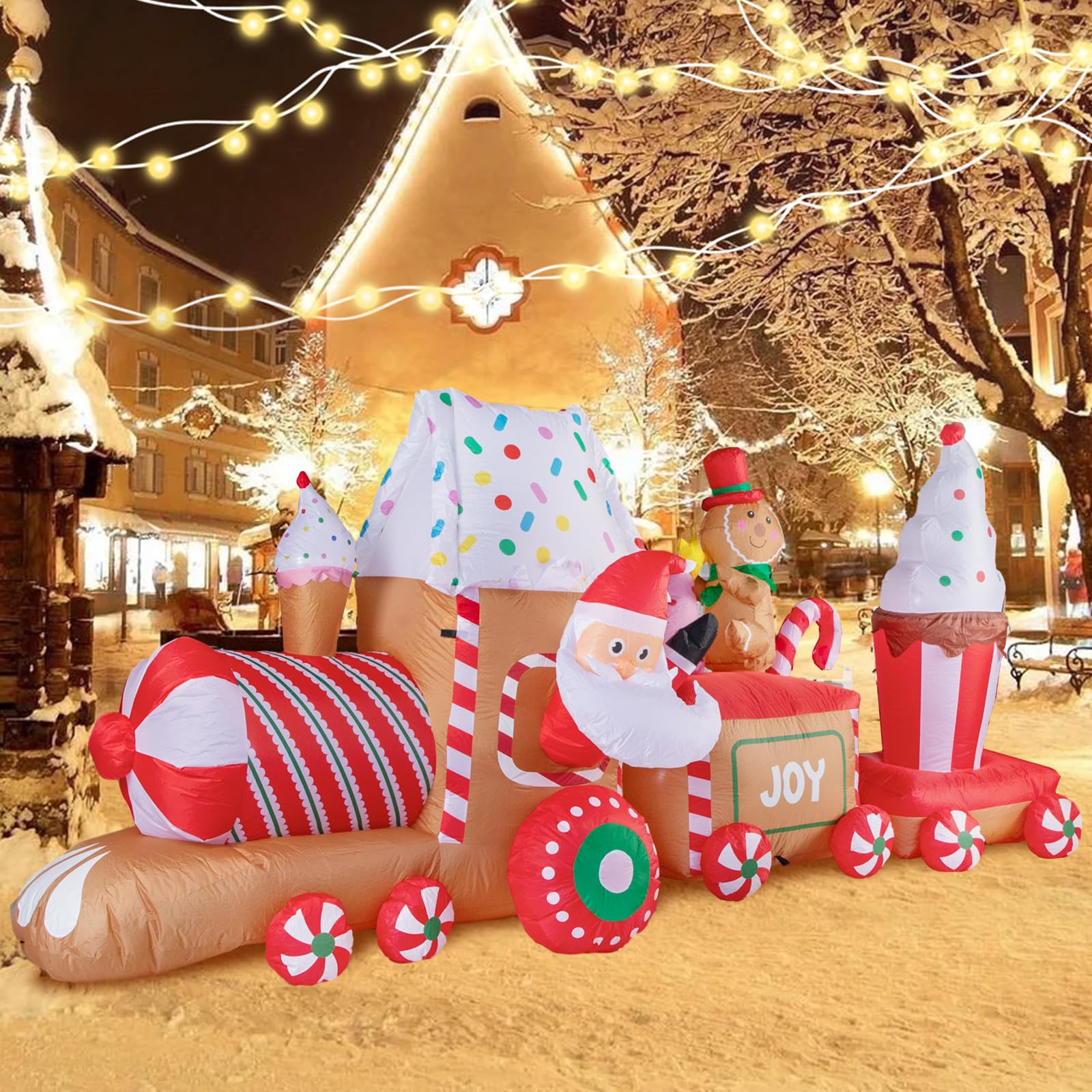 11Ft Inflatable Christmas Train with Santa & Gingerbread Man - LED Lighted Outdoor Holiday Decor for Lawn, Garden & Yard - Perfect for Christmas Parties, Neighborhood Displays & Festive Home Decorations