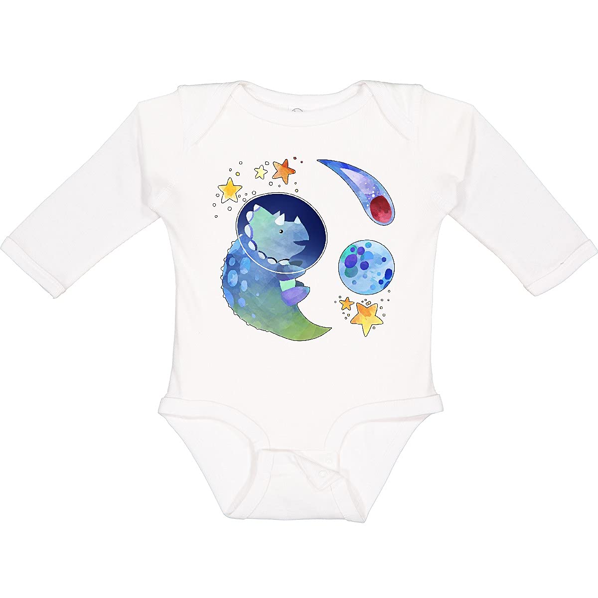 Inktastic Triceratops in Space with Planets and Stars - Dinosaur Long Sleeve Baby Bodysuit for Boys & Girls - Perfect for Space-Themed Parties, Nursery Outfits, and Cute Photoshoots