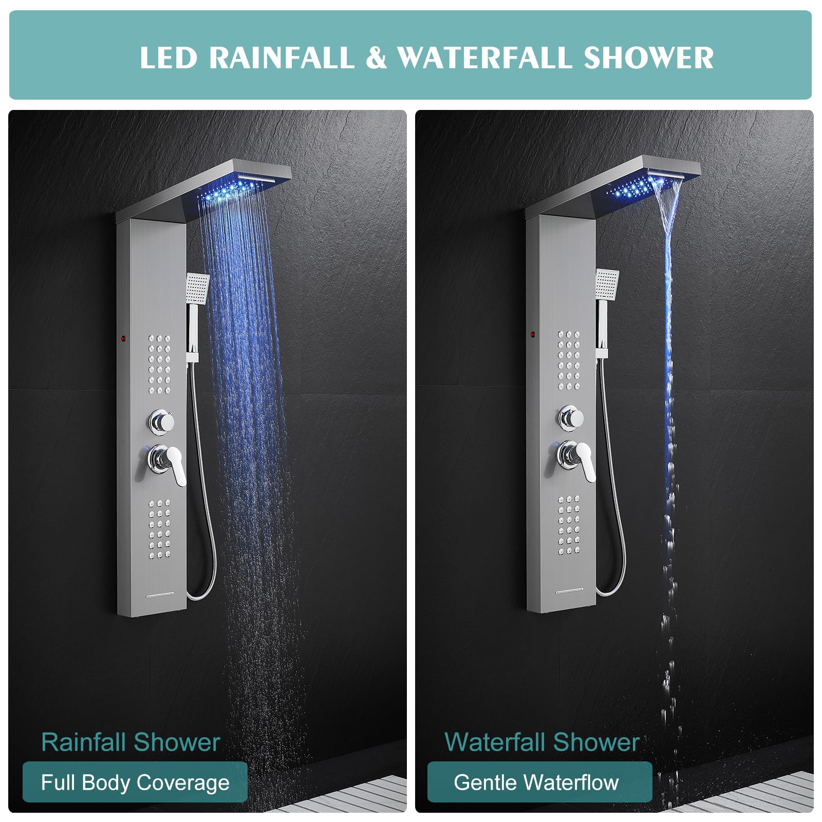 Rainfall LED Shower Panel Tower - 5-in-1 Shower System with Waterfall Showerhead, Adjustable Body Jets, Handheld Spray & Tub Spout, Stainless Steel Shower Column (Brushed Nickel Finish) - Perfect for Modern Bathrooms & Spa-Like Shower Experience