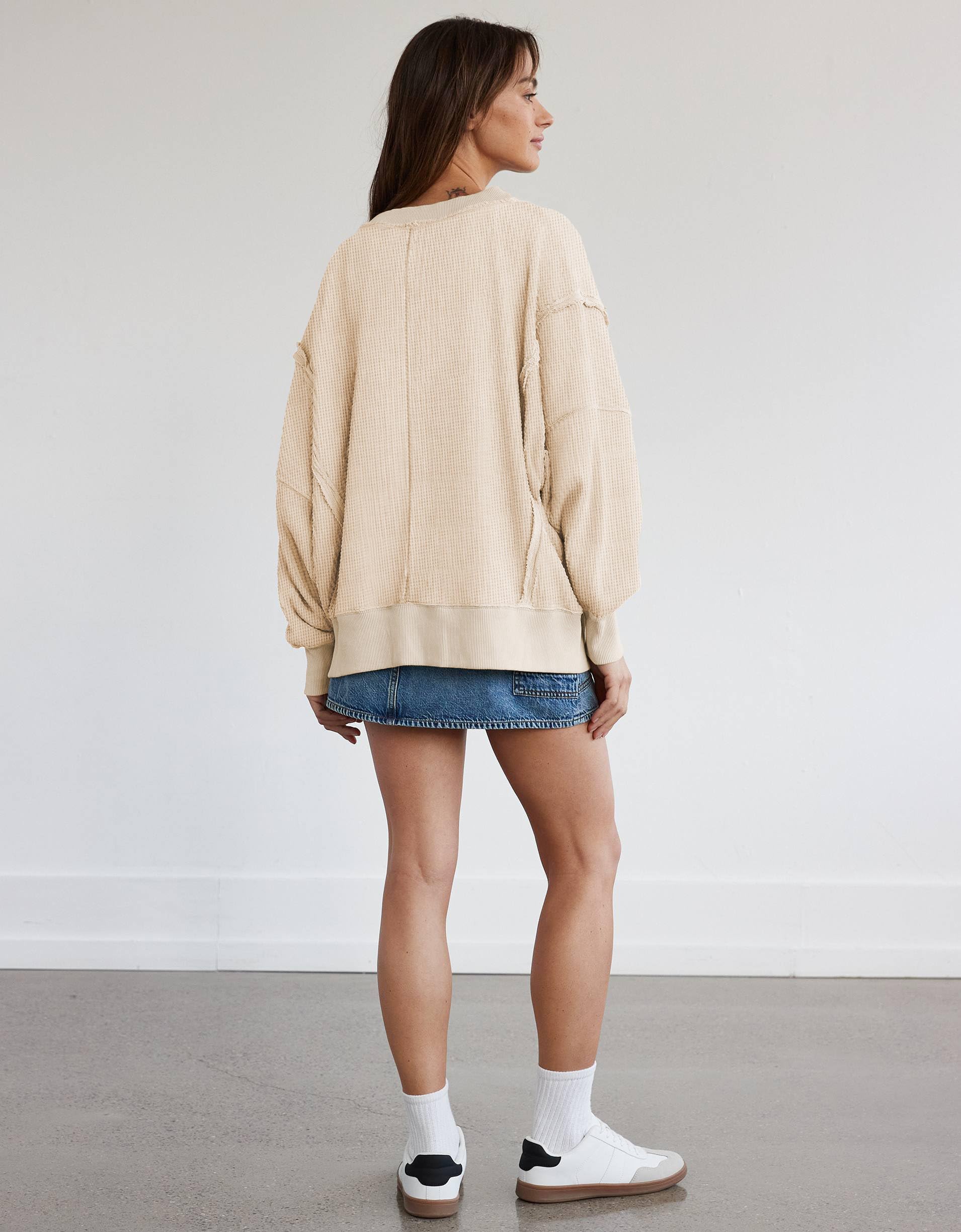 Miduo Women's Oversized Waffle Knit Sweatshirt - V Neck Long Sleeve Pullover with Reverse Seam & Side Splits | Casual Loungewear, Fall Winter Fashion, Cozy Outfit for Home & Outings