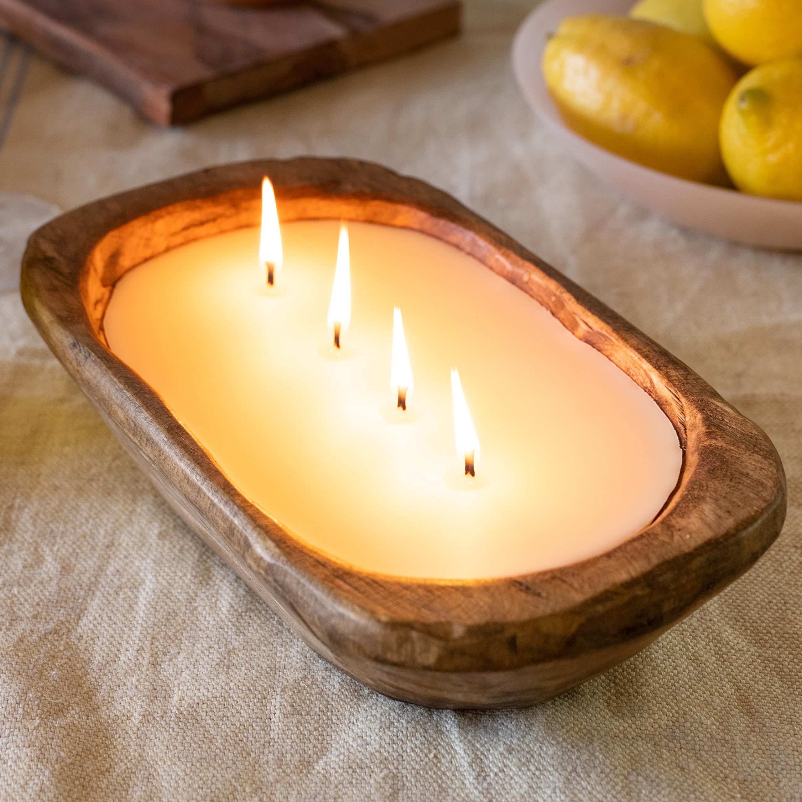 10 Inch Wooden Dough Bowl Soy Candle - Unscented Farmhouse Decor with 4 Wicks for Rustic Weddings, Holiday Centerpieces & Cozy Home Ambiance