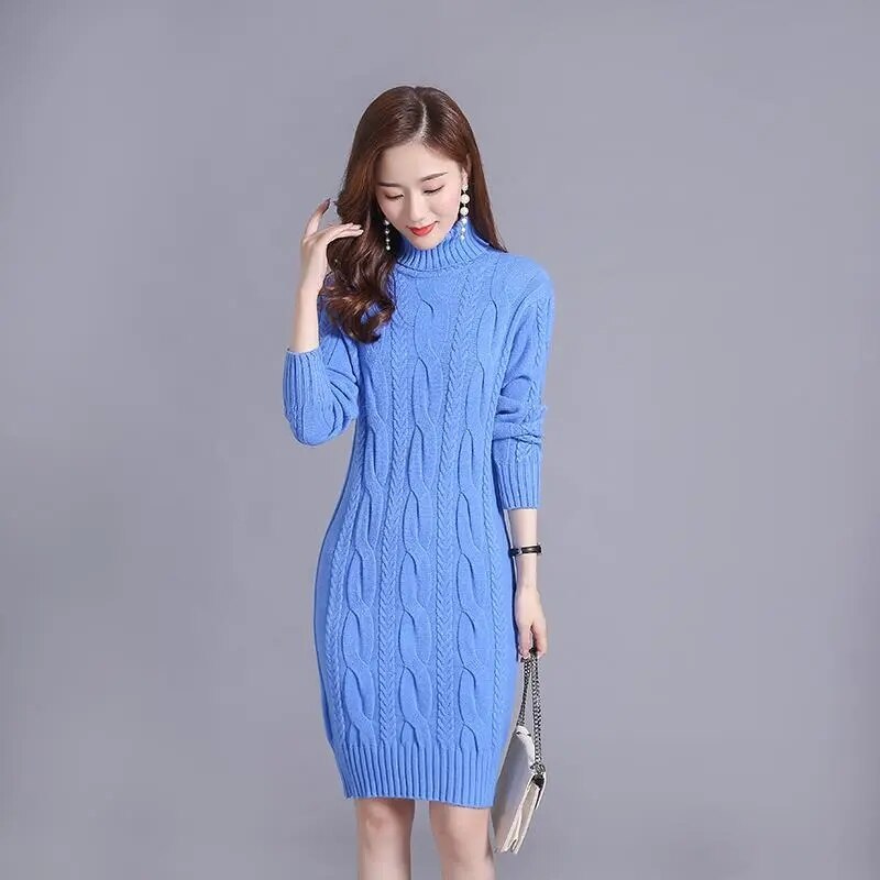 Women's Solid Color Turtleneck Knit Sweater Dress - Warm Winter Pullover Dress for Casual Outings & Office Wear
