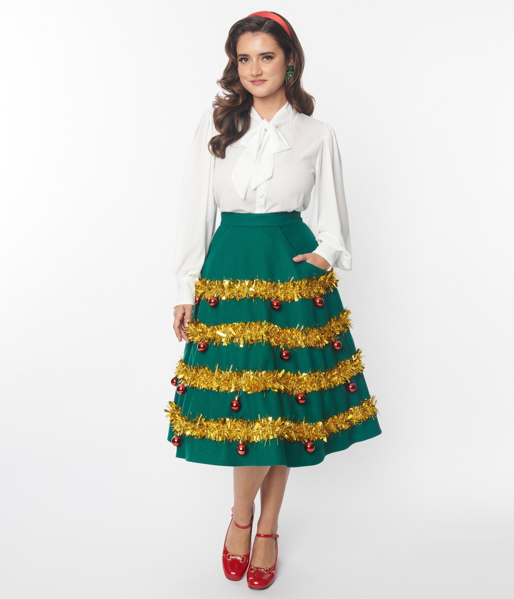Vintage Green & Gold Tinsel Swing Skirt - Retro Soda Shop Christmas Party Dress for Holiday Celebrations, Festive Outfits & 1950s Themed Events