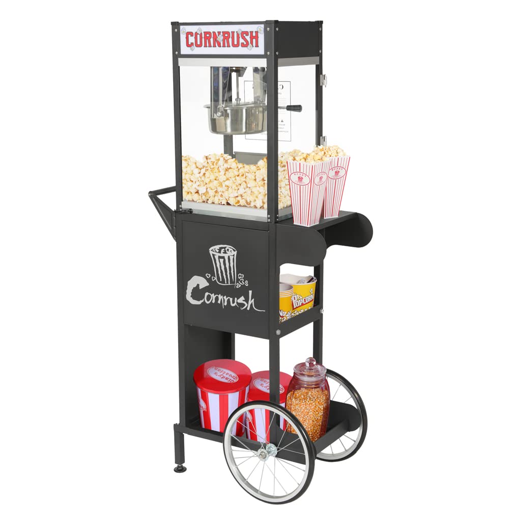 8oz Commercial Popcorn Machine with Cart - Old Fashioned Movie Theater Style Popcorn Maker for Home, Parties, Halloween & Christmas (Black) - Perfect for Movie Nights, Carnivals & Events