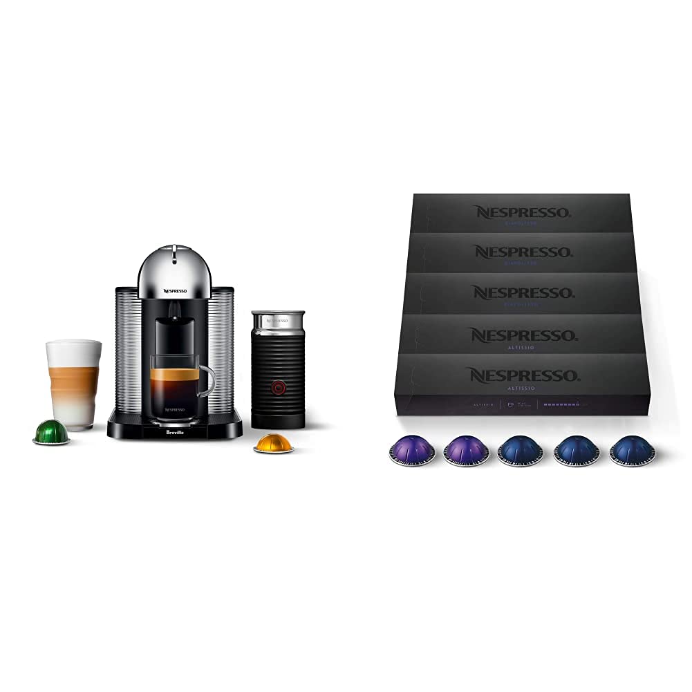 Breville Nespresso Vertuo Coffee and Espresso Machine with 50-Count VertuoLine Capsules - Chrome Finish, Includes Medium & Dark Roast Espresso Variety Pack (1.35oz Brew) - Perfect for Home, Office or Gift Giving