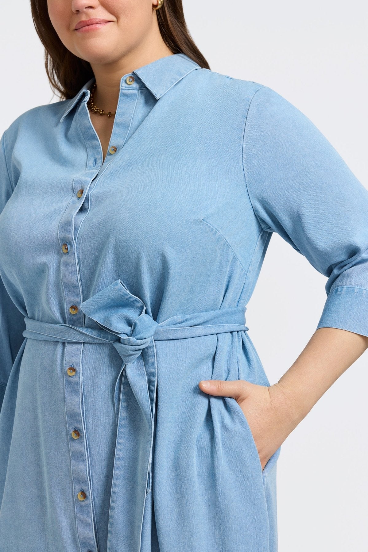 Stylish Ivy Plus Tencel® Denim 3/4 Sleeve Midi Dress for Women | Comfortable & Eco-Friendly Casual Outfit | Perfect for Brunch, Office Wear & Summer Evenings