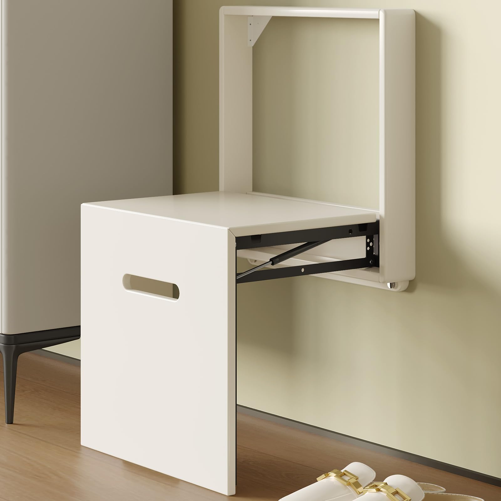 Wall Mounted Folding Shoe Changing Stool - Space Saving Entryway Bench with Hidden Design, White - Perfect for Small Hallways, Mudrooms & Home Organization