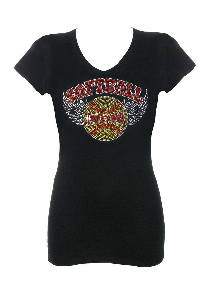 DivaDesigns Women's Softball Mom Rhinestone T-Shirt with Wings - Comfortable & Stylish Baseball Mom Shirt for Games, Practice & Team Spirit