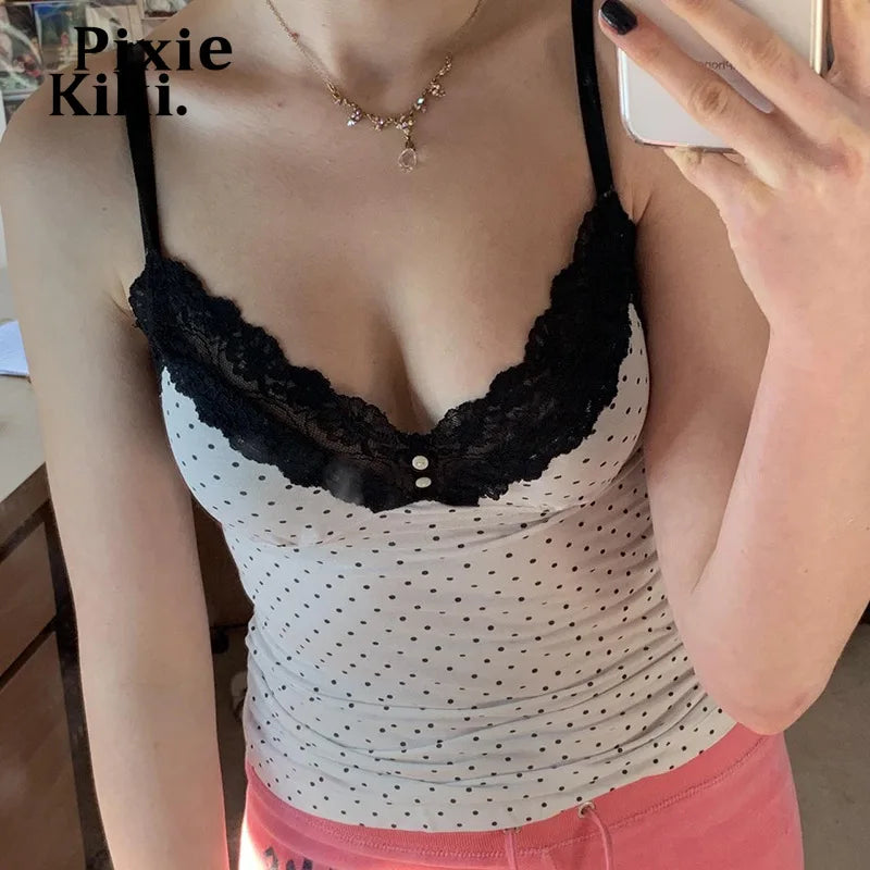 Black and White Polka Dot Print Tank Top for Women - Y2K Vintage Style Lace Trim Deep V Backless Crop Top | Perfect for Summer Outfits, Beachwear & Casual Fashion | P67 AH10