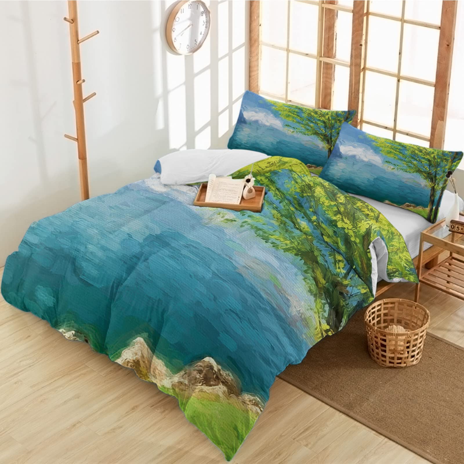 Premium Vintage Oil Painting Duvet Cover Set - 3 Piece Luxury Bedding with Zipper Closure, Ultra Soft Lakeside Green Trees Design for Queen/King Size Beds | Perfect for Spring Bedroom Decor, Guest Rooms & Cozy Retreats