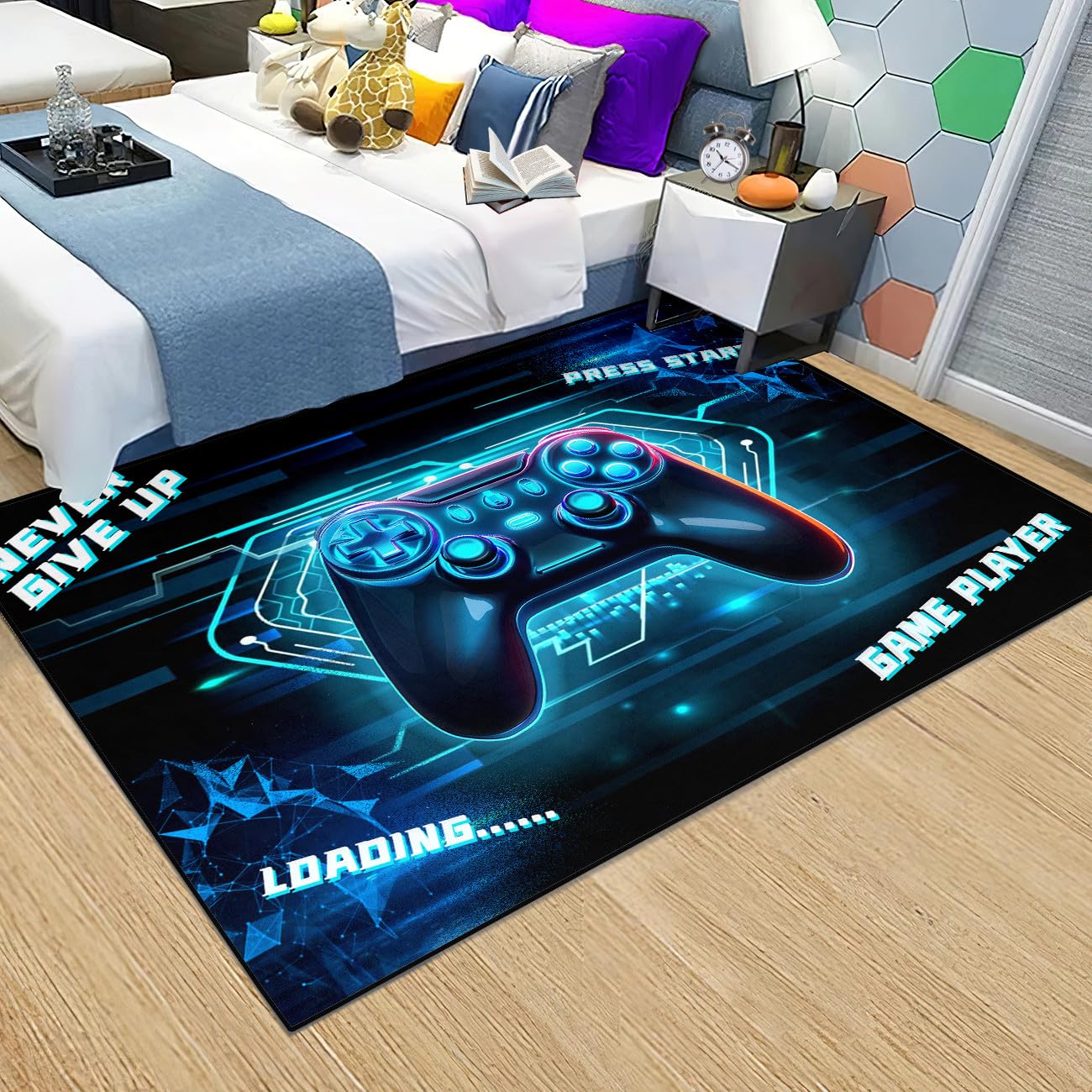 3D Gamepad Controller Area Rug - Blue Gamer Rug for Kids Room, Teen Bedroom & Living Room - Non-Slip Polyester Floor Mat (47