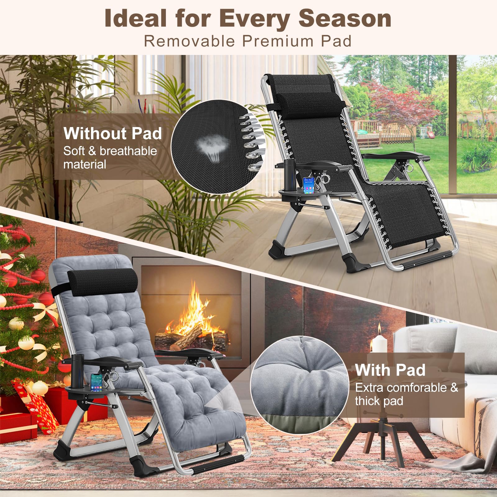 DoCred Comfortable Folding Recliner Chair with Removable Cushion - Indoor Outdoor Lounge Chair for Bedroom, Living Room & Patio - Perfect for Relaxing, Sunbathing, and Hosting Guests